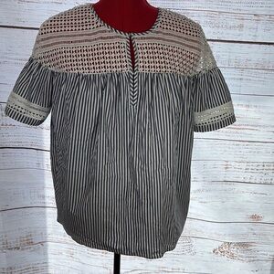 Scotch & Soda boho peasant blouse-Blue & White Striped‎ with crochet yoke V-neck